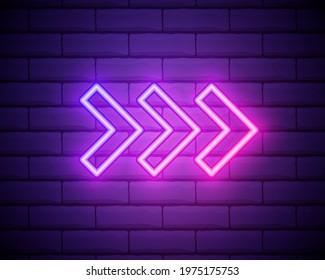 Neon arrow sign. Glowing neon arrow pointer on brick wall background. Retro signboard with bright neon tubes. Vector.