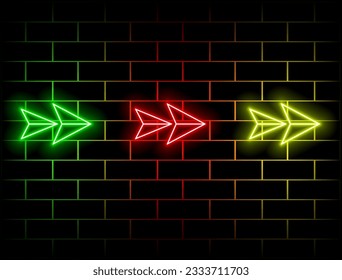 Neon arrow sign. Glowing neon arrow pointer on brick wall background. Retro signboard with glowing neon tubes. vector. green, red, yellow, pink, blue, orange.