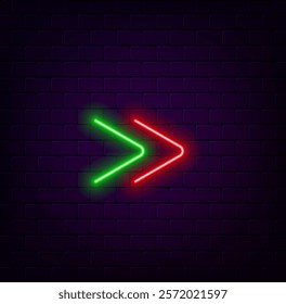 Neon arrow sign. Glowing neon arrow pointer on brick wall background. Retro signage board with glowing neon tubes.