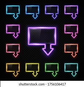 Neon arrow sign on transparent background. Color direction pointer symbol set with text space. Glowing light night street banner Retro design frame Electric lamp tube border Bright vector illustration
