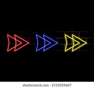 Neon arrow sign. Set of orange glowing neon arrow pointer on brick wall background.