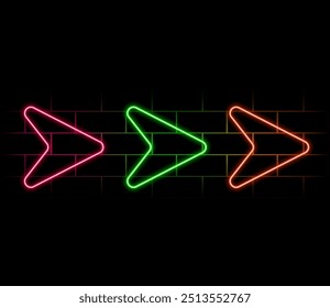 Neon arrow sign. Set of red futuristic glowing neon arrow pointer on brick wall background.