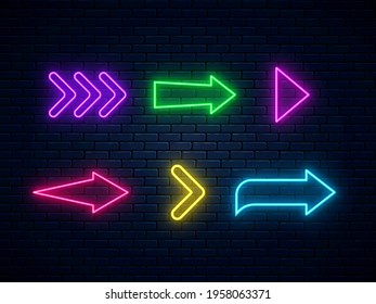 Neon arrow signs collection. Bright arrow pointer symbols. Set of colorful neon arrows, web icons on brick wall background. Banner design, bright advertising signboard elements. Vector illustration.