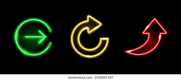 Neon arrow signs, isolated realistic glowing web icons in various shapes. Vector bright pointers, next page and reload symbols for user interface and experience. Advertising signboard elements