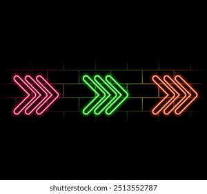 Neon arrow signs set. Bright arrow pointer symbols on brick wall background. Collection of colorful neon arrows, web icons. Banner design, bright advertising signboard elements. Vector illustration..