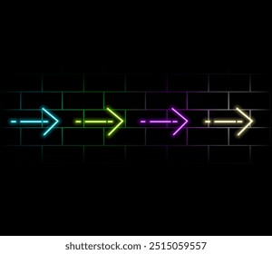 Neon arrow signs set. Bright arrow pointer symbols on brick wall background. Collection of colorful neon arrows, web icons. Banner design, bright advertising signboard elements. Vector illustration.