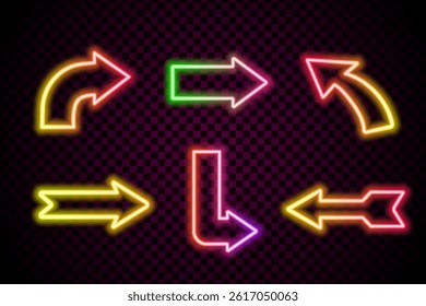 Neon arrow signs set. Collection of colorful neon arrows, web icons on black background. Banner design, bright advertising signboard elements. Vector illustration.