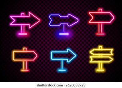 Neon arrow signs set. Collection of colorful neon arrows, web icons on black background. Banner design, bright advertising signboard elements. Vector illustration.