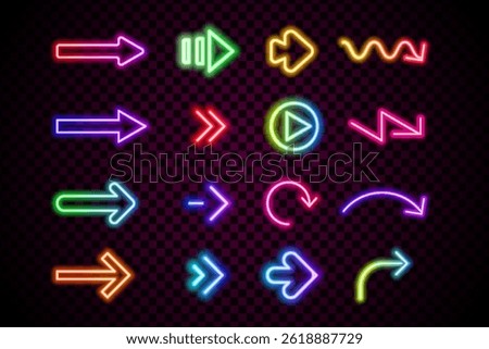 Neon arrow signs set. Collection of colorful neon arrows, web icons on black background. Banner design, bright advertising signboard elements. Vector illustration.