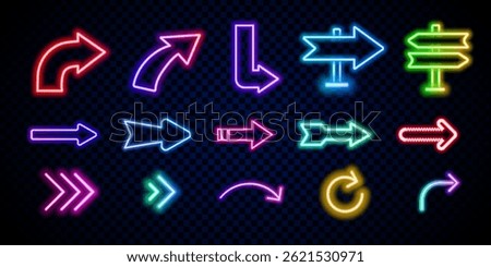 Neon arrow signs set. Collection of colorful neon arrows, web icons on black background. Banner design, bright advertising signboard elements. Vector illustration.
