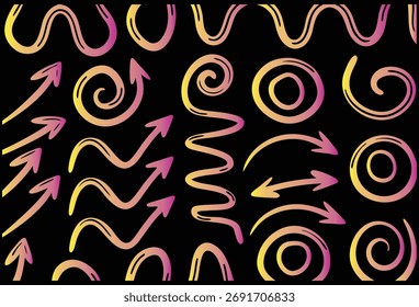 Flecha de neón y espiral Doodle patrón sobre fondo negro Diseño de Vector