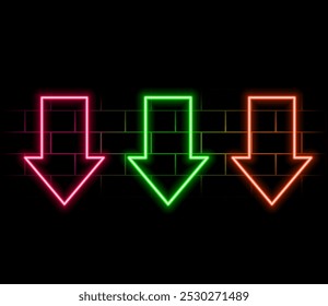 Neon arrow symbol icon. Black Background with arrow direction down. Directional sign. Flashing neon icon to the download arrow. neon arrow sign.2.