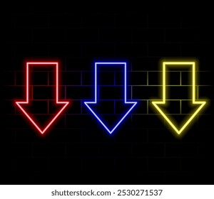 Ícone de símbolo de seta de néon. Plano de fundo preto com direção de seta para baixo. Sinal de direção. Ícone de néon piscando para a seta de download. sinal de seta de néon.