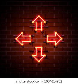 Neon arrow up, down, left and right on the red background. Vector illustration
