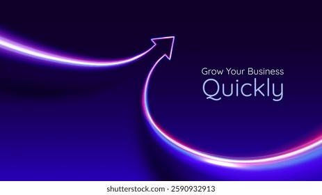 Neon arrow up. Red blue arrow with lights trails. Futuristic 3D style. Business, personal growth, quick result. Innovation technology and finance. 