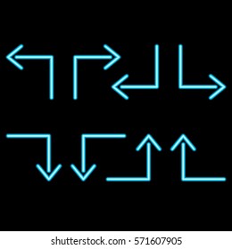 Neon arrows. Blue isolated on black background. Vector illustration.