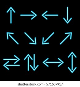 Neon arrows. Blue isolated on black background. Vector illustration.