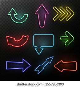 Neon arrows. Bright light direction arrow frames. Casino, night club and cinema glowing outside signs, vintage lighting retro symbols vector isolated elements