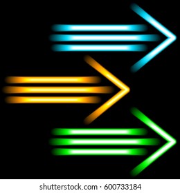 Neon arrows for design interface. Blue, orange and green pointers. Isolated on black background. Vector illustration.