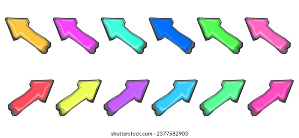 Flechas de neón en diferentes colores para los botones de juego y el símbolo del puntero de aplicaciones, ilustración vectorial aislada. Cursores de navegación para el diseño de la interfaz.