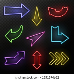 Neon arrows. Electric light direction arrow shapes. Casino, motel and cinema glowing street signs retro 1950s vector isolated night frame set