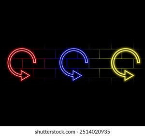 Neon arrows. Electric light direction arrow shapes. Casino, motel and cinema glowing street signs retro 1950s vector isolated night frame set.