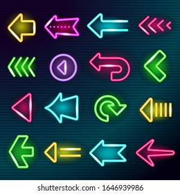 Neon arrows. Glow lighting direction hotel arrow signs night outside shining advertizing elements vector bright collection set