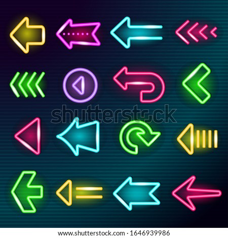 Neon arrows. Glow lighting direction hotel arrow signs night outside shining advertizing elements vector bright collection set