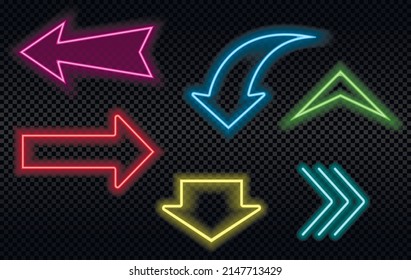 Neon arrows. Neon glowing arrow pointer on dark background. 