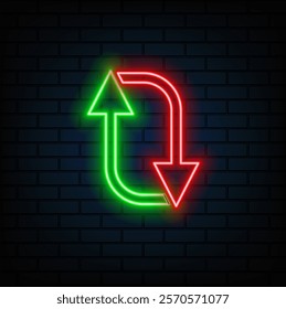 Neon arrows, green and red rounded pointers, isolated vector illustration..