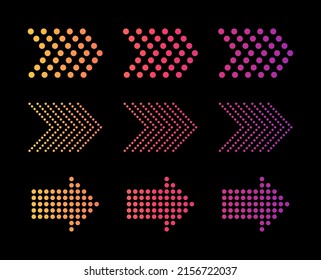 Neon Arrows. Led Arrows. Icon Of Forward And Down. Design Icons On Black Background. Light Indicators And Buttons For Direction. Ultraviolet Straight Billboard. Vector.