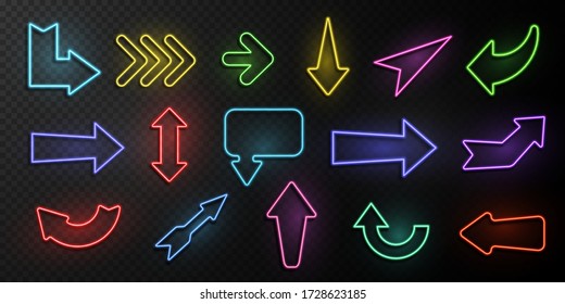 Neon arrows. Lighting with bright design signs, glowing vintage arrow lights isolated vector dark shapes set