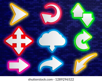 Neon arrows on brick wall background. Vector illustration.