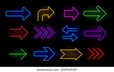 Setas de néon. Ponteiros brilhantes realistas, indicador de localização de seta brilhante para cassino e bar, sinal de cinema neon, clube noturno e faixa de motel. Conjunto de vetor de tabuleta de seta retro 80s.