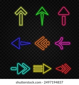 Conjunto de flechas de neón de 4 iconos de color. Icono de flecha. Colección de Vector de flecha. Flecha. Cursor. Modernas flechas simples. Ilustración vectorial.
