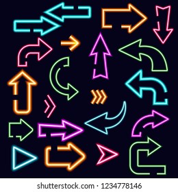 Neon arrows set, vector illustration. Colorful shining light signs showing movement direction. Isolated