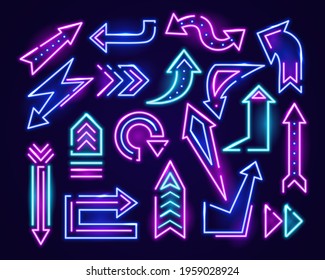 Neon arrows and shapes isolated set. Electricity curves and rounded information blue signpost with soft glow and advertising lights electric symbol of bars and vector casino.