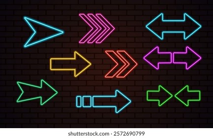 Neon arrows in various colors pointing in different directions, glowing against a dark brick wall background