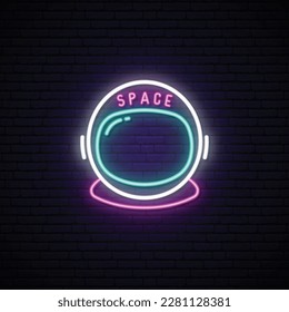 Neon astronaut sign. Glowing astronaut helmet icon on dark brick wall background. Space icon. Vector illustration.