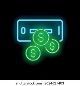 Neon atm cash machine dispensing three dollar coins icon on a black background