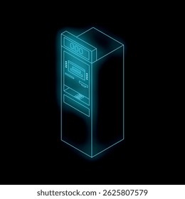 Neon atm machine with glowing blue lines on a black background representing online banking and financial transactions