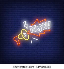 Neon attention sign. Glowing lettering of megaphone with NOW inscription with exclamation mark. Vector illustration for sales and advertisement.