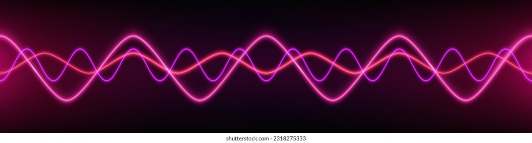 Neon audio voice frequency wave and abstract sound light vector background. Radio pulse effect curve design. Volume music track line vibrant motion illustration. Electronic record led graph chart