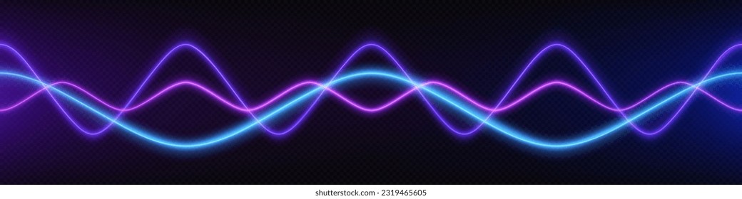 Onda de frecuencia de voz de audio neón y fondo abstracto del vector de luz de sonido. Diseño de curva de efecto de pulso de radio. Ilustración de movimiento vibrante de la línea de pista de música por volumen. Gráfico gráfico de registros electrónicos