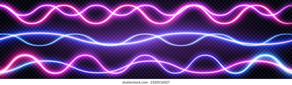 Neon audio voice frequency wave and abstract sound light vector background. Radio pulse effect curve design. Volume music track line vibrant motion illustration. Electronic record led graph chart