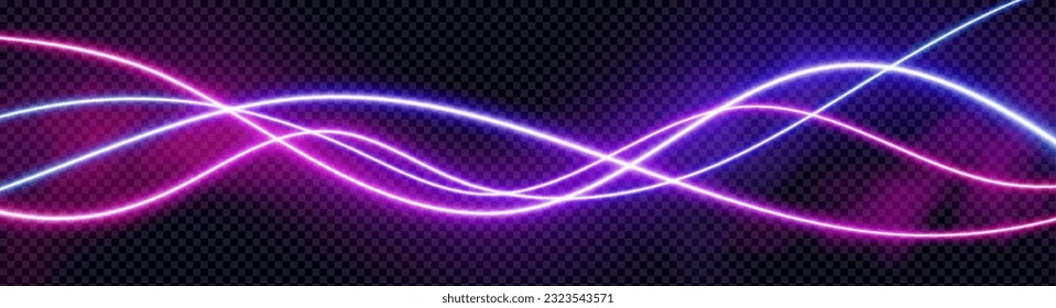 Onda de frecuencia de voz de audio neón y fondo abstracto del vector de luz de sonido. Diseño de curva de efecto de pulso de radio. Ilustración de movimiento vibrante de la línea de pista de música por volumen. Gráfico gráfico de registros electrónicos