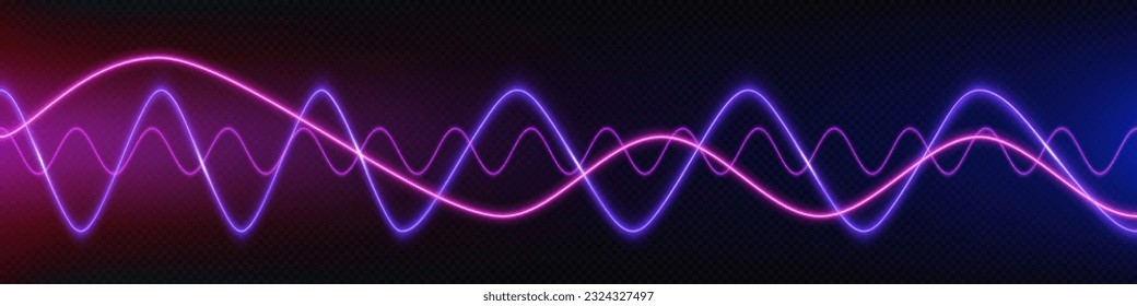 Neon audio voice frequency wave and abstract sound light vector background. Radio pulse effect curve design. Volume music track line vibrant motion illustration. Electronic record led graph chart