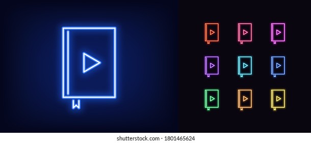 Neon audiobook icon. Glowing neon audio book with play sign, online library in vivid colors. Internet bookstore, online education, reading. Icon set, sign, symbol for UI. Vector illustration