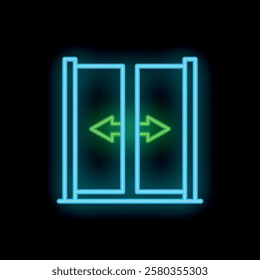 Neon automatic double sliding doors opening and closing icon glowing on a black background