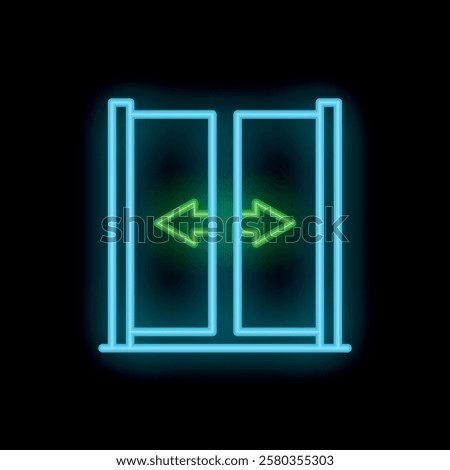 Neon automatic double sliding doors opening and closing icon glowing on a black background